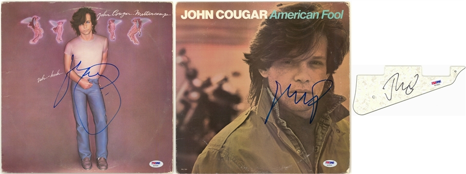 Lot of (3) John Cougar Mellencamp Autographed Items - 2 Album Covers and Pickguard (PSA/DNA)